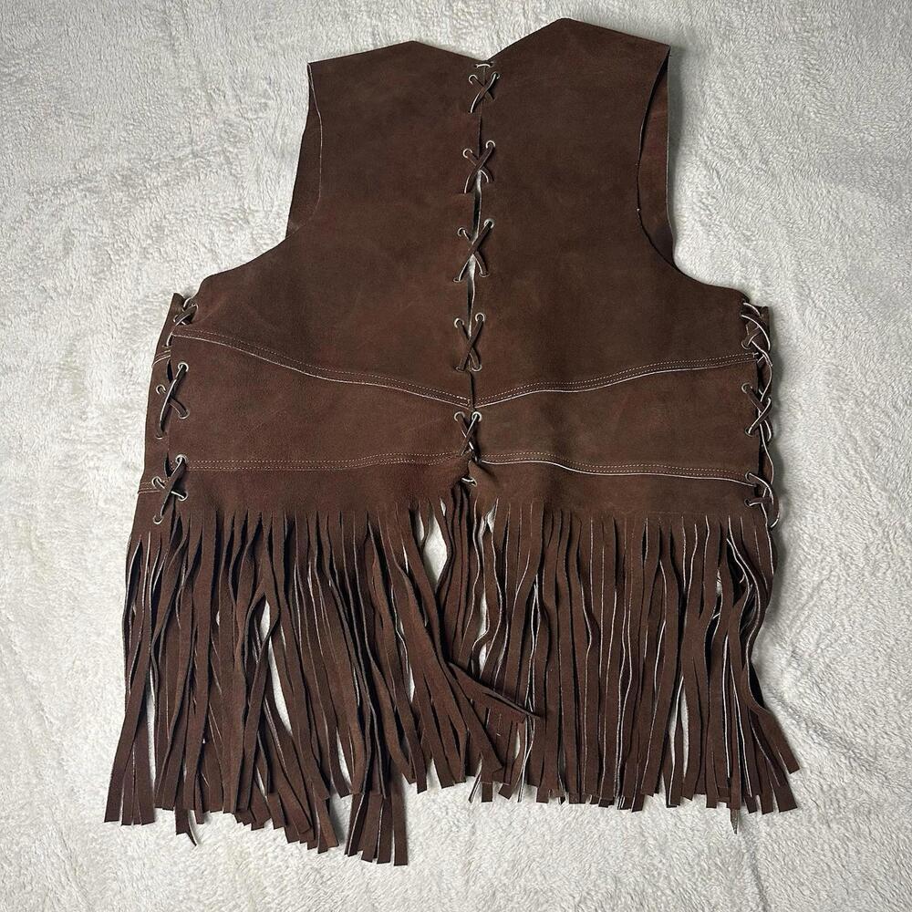 Vintage 70s Brown Leather Cowboy Fringe Tassel Boho Western Outlaw Vest 20 X 26 - Picture 9 of 9